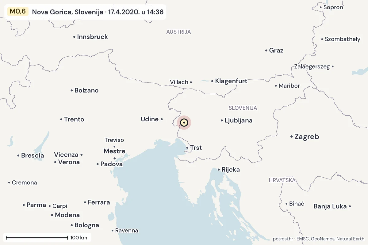 Karta: šire područje, 600 km, potres M0,6, Nova Gorica, Slovenija, 17.4.2020.