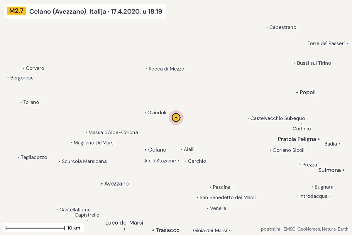 Karta: okolica epicentra, 60 km, potres M2,7, Celano (Avezzano), Italija, 17.4.2020.