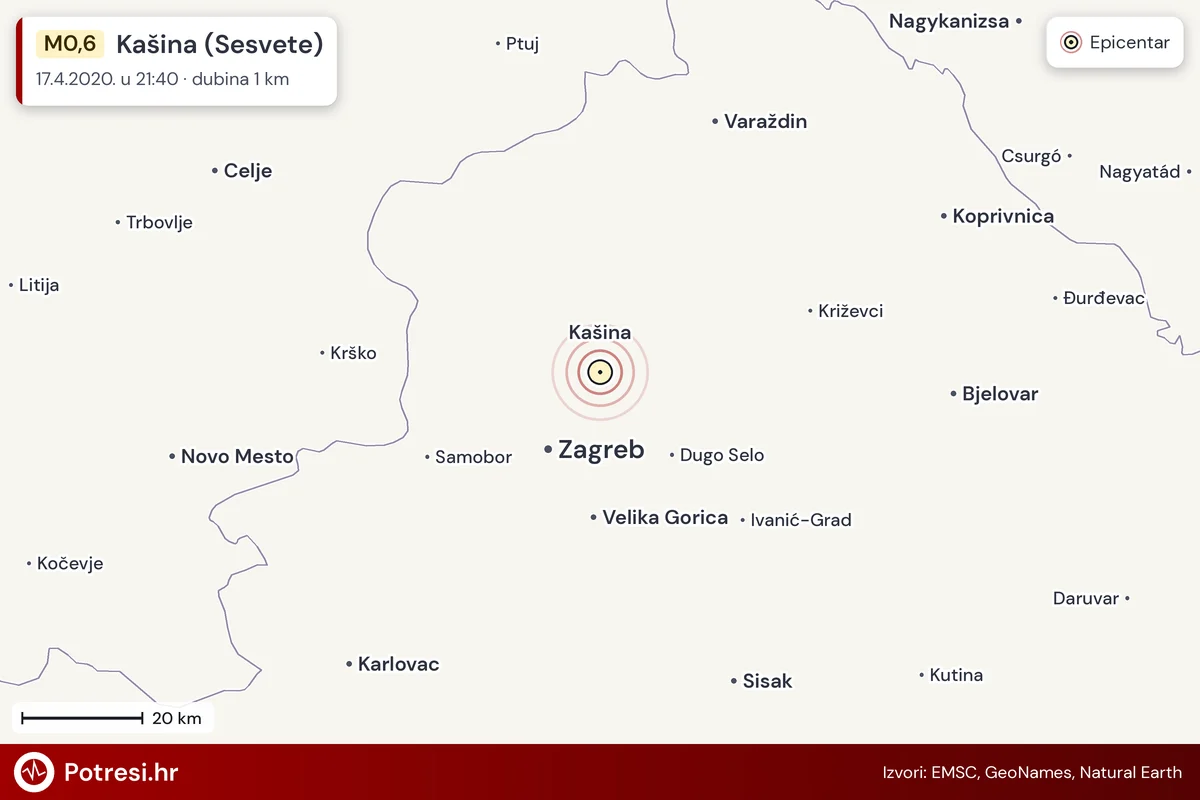 Karta: šire područje i vjerojatni doseg osjeta, potres M0,6, Kašina (Sesvete), 17.4.2020.