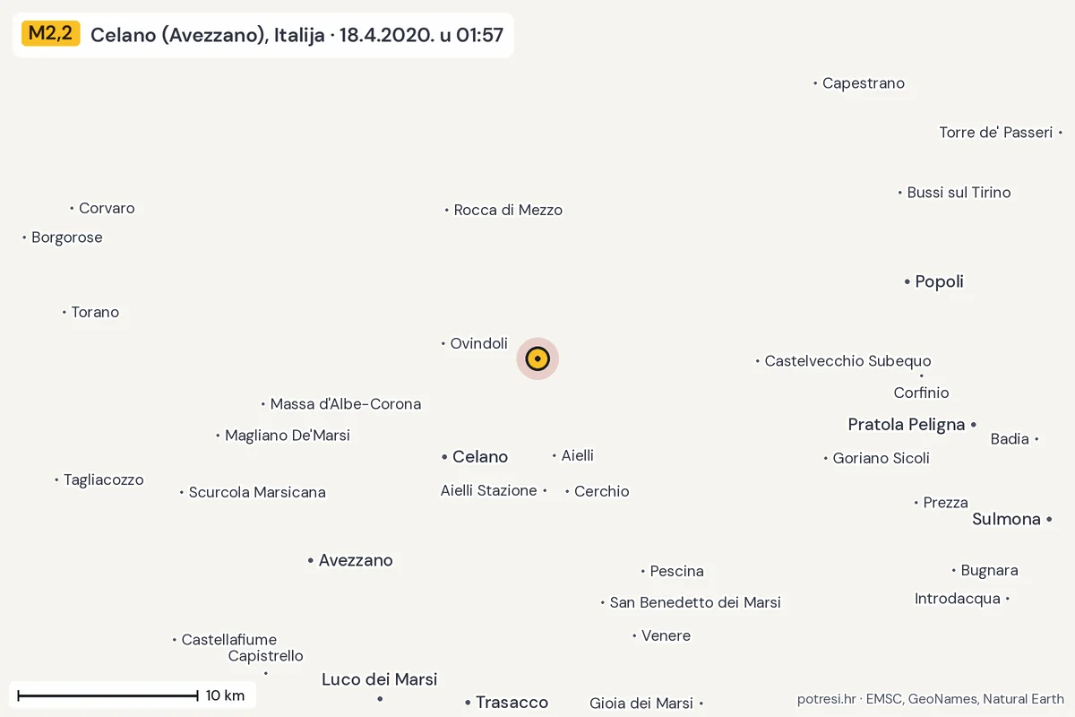 Karta: okolica epicentra, 60 km, potres M2,2, Celano (Avezzano), Italija, 18.4.2020.