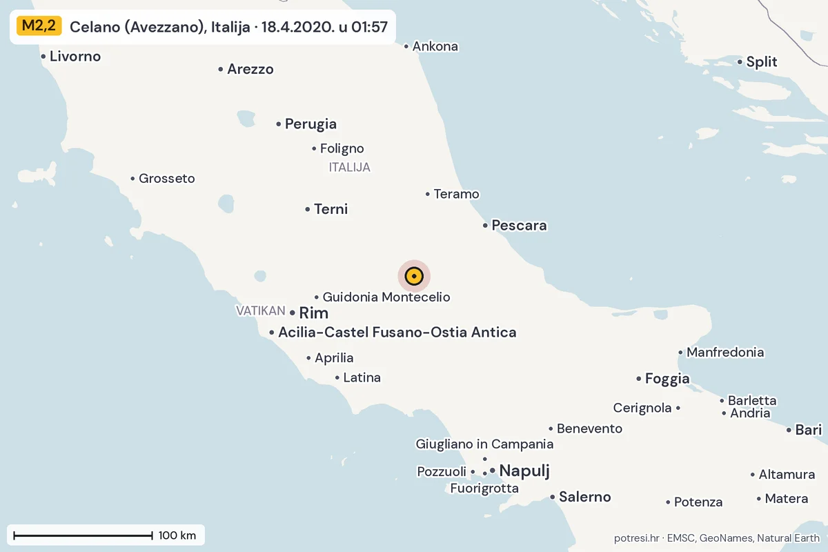 Karta: šire područje, 600 km, potres M2,2, Celano (Avezzano), Italija, 18.4.2020.