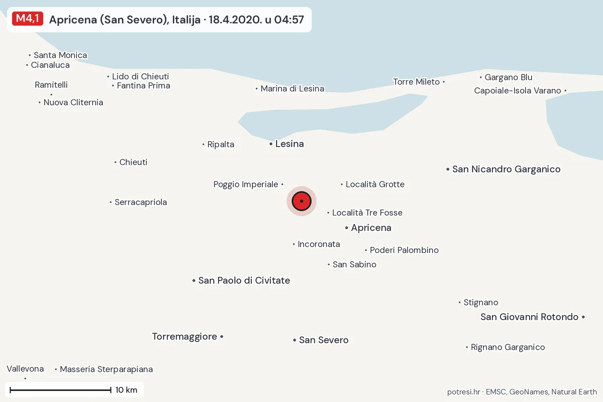 Karta: okolica epicentra, 60 km, potres M4,1, Apricena (San Severo), Italija, 18.4.2020.