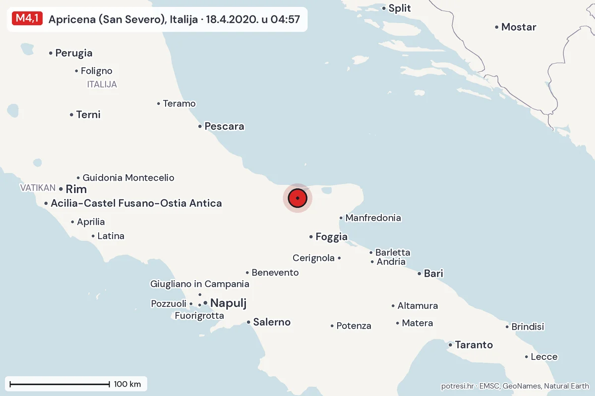 Karta: šire područje, 600 km, potres M4,1, Apricena (San Severo), Italija, 18.4.2020.