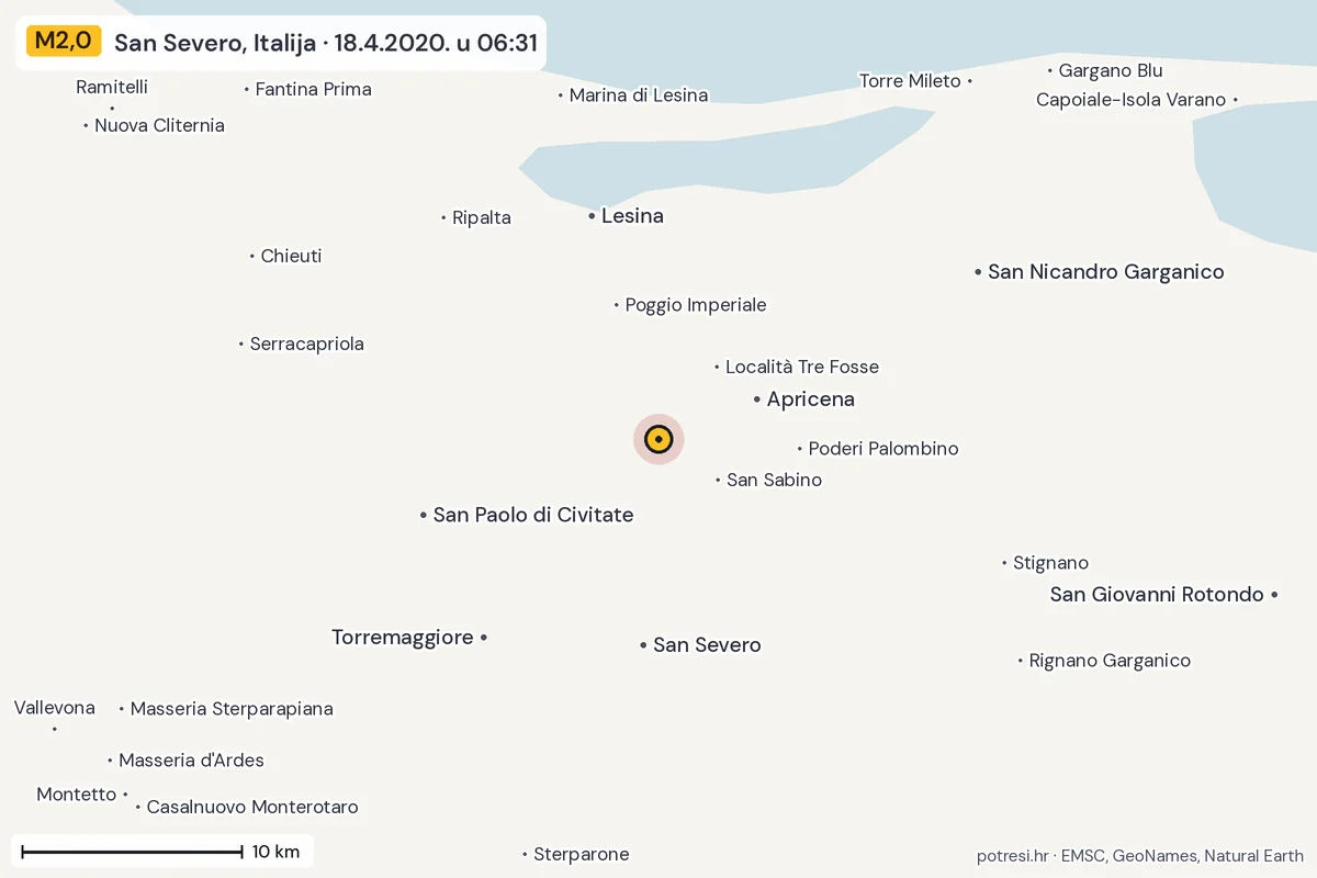 Karta: okolica epicentra, 60 km, potres M2,0, San Severo, Italija, 18.4.2020.
