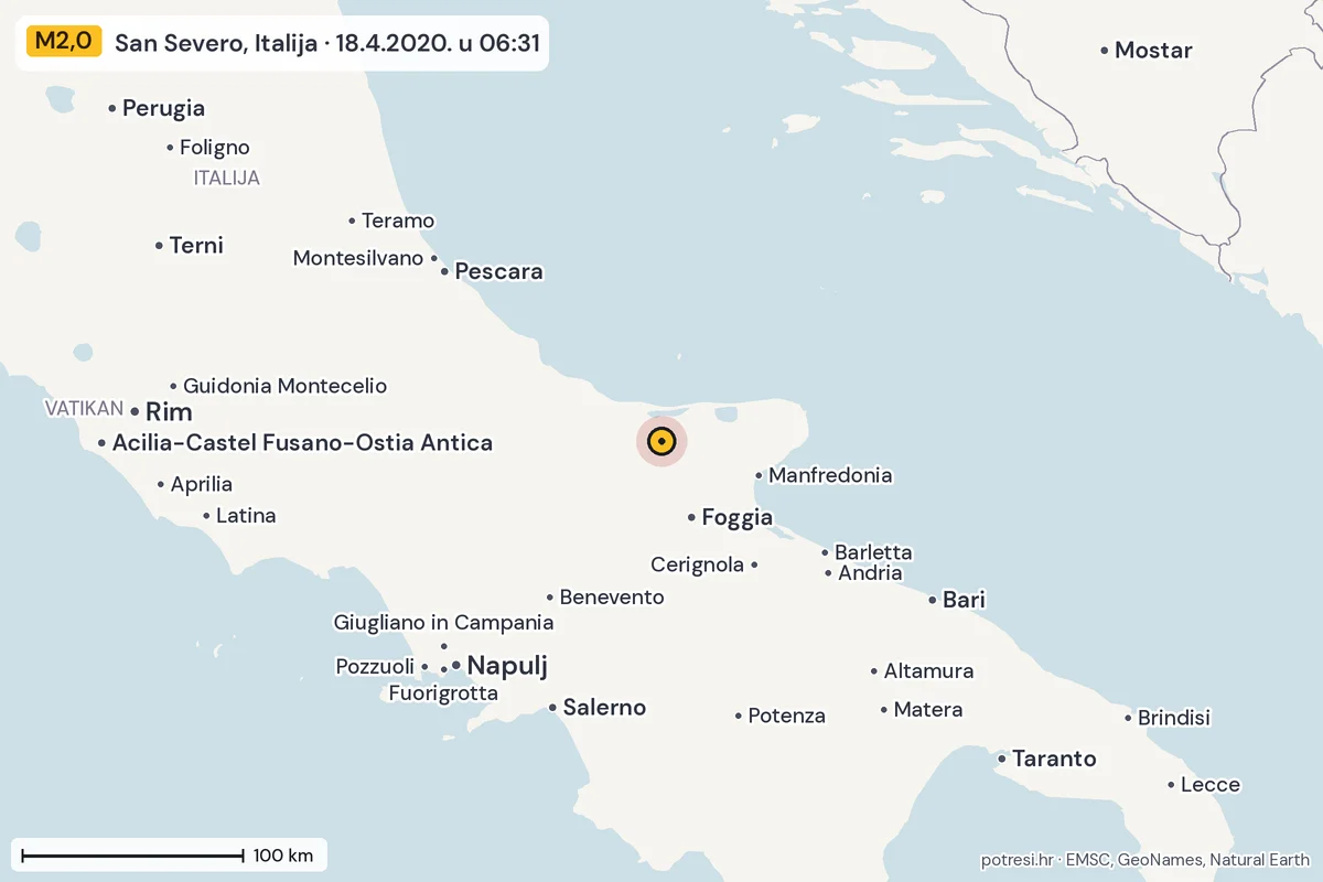 Karta: šire područje, 600 km, potres M2,0, San Severo, Italija, 18.4.2020.