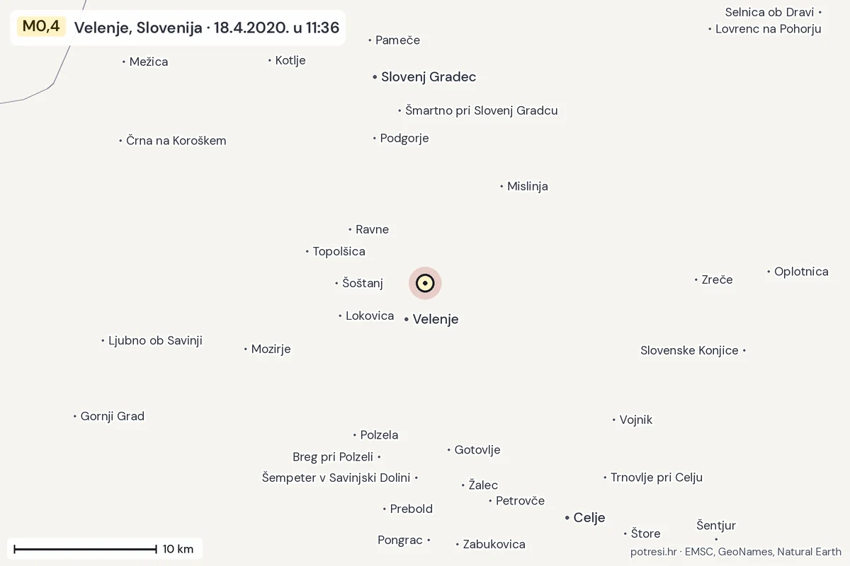 Karta: okolica epicentra, 60 km, potres M0,4, Velenje, Slovenija, 18.4.2020.