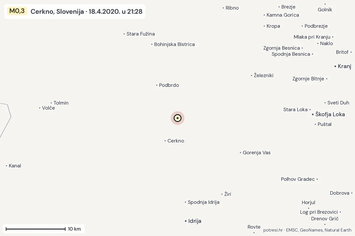 Karta: okolica epicentra, 60 km, potres M0,3, Cerkno, Slovenija, 18.4.2020.