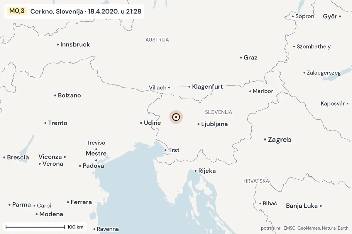 Karta: šire područje, 600 km, potres M0,3, Cerkno, Slovenija, 18.4.2020.