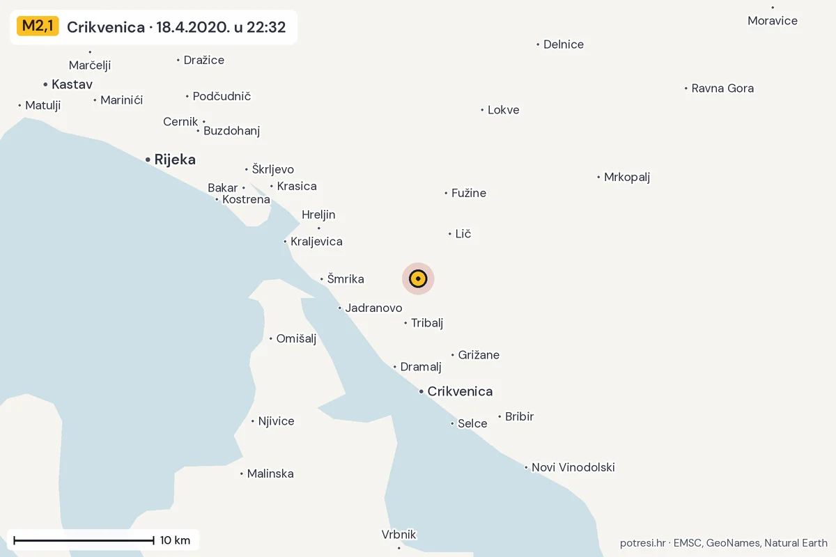 Karta: okolica epicentra, 60 km, potres M2,1, Crikvenica, 18.4.2020.