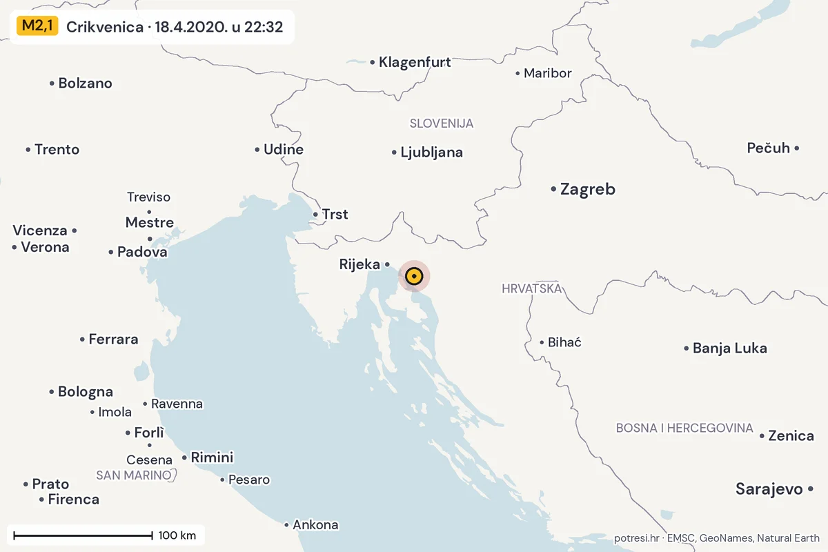 Karta: šire područje, 600 km, potres M2,1, Crikvenica, 18.4.2020.