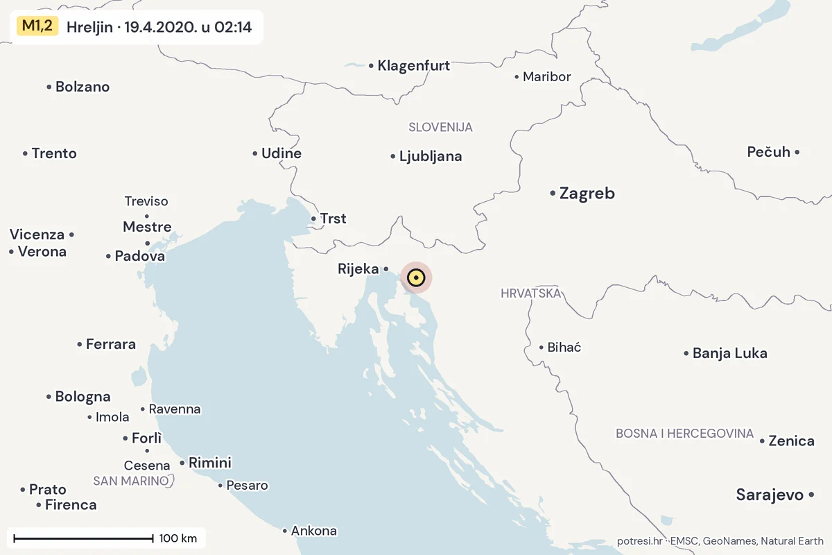 Karta: šire područje, 600 km, potres M1,2, Hreljin, 19.4.2020.