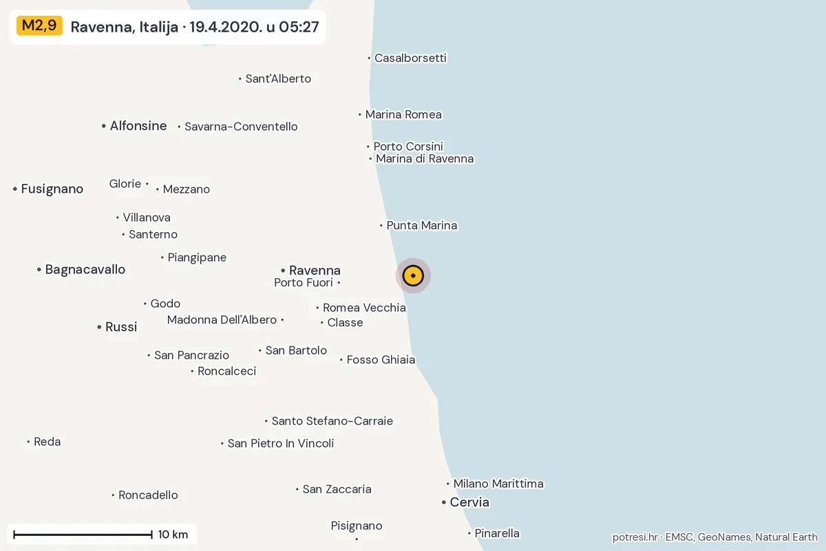 Karta: okolica epicentra, 60 km, potres M2,9, Ravenna, Italija, 19.4.2020.