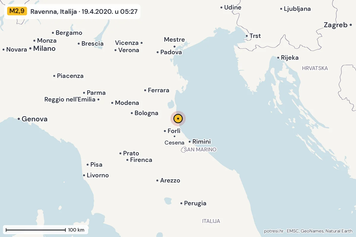 Karta: šire područje, 600 km, potres M2,9, Ravenna, Italija, 19.4.2020.