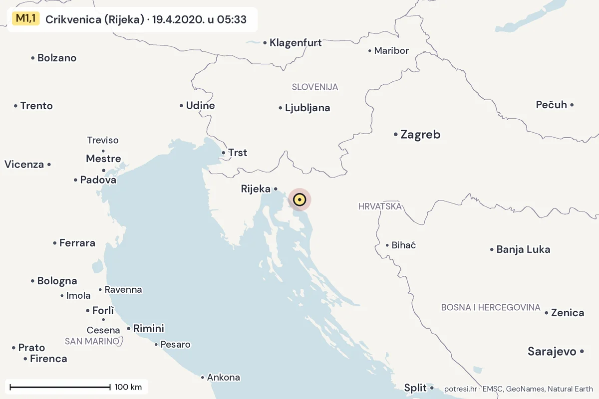 Karta: šire područje, 600 km, potres M1,1, Crikvenica (Rijeka), 19.4.2020.