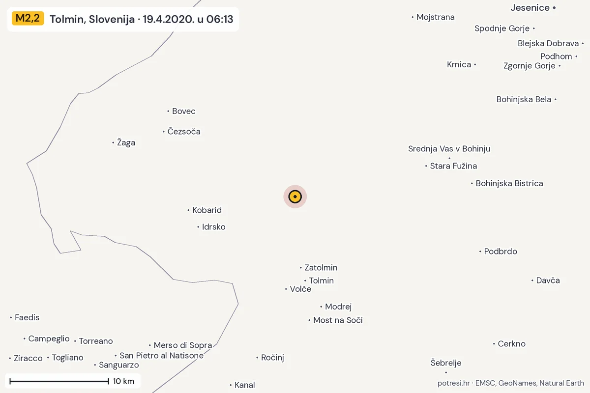 Karta: okolica epicentra, 60 km, potres M2,2, Tolmin, Slovenija, 19.4.2020.
