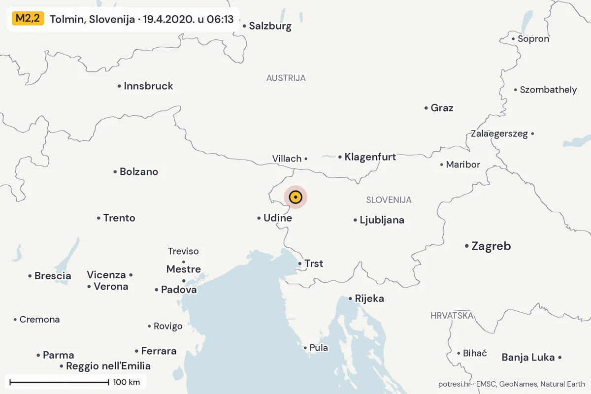 Karta: šire područje, 600 km, potres M2,2, Tolmin, Slovenija, 19.4.2020.