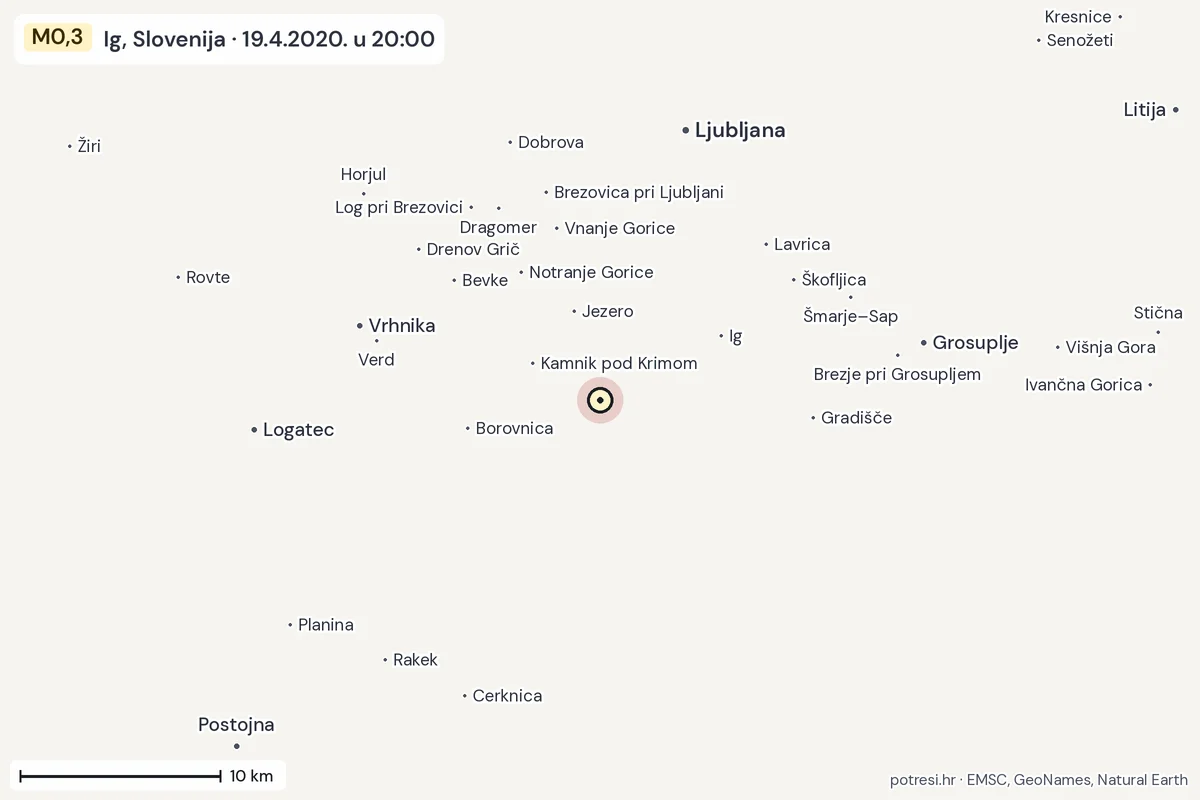 Karta: okolica epicentra, 60 km, potres M0,3, Ig, Slovenija, 19.4.2020.