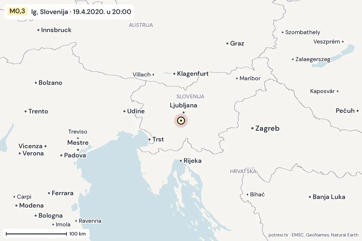 Karta: šire područje, 600 km, potres M0,3, Ig, Slovenija, 19.4.2020.