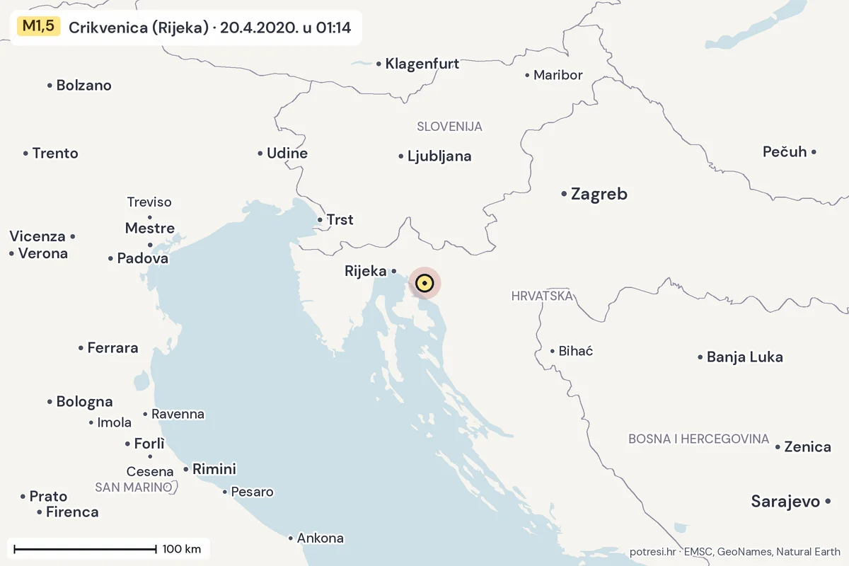 Karta: šire područje, 600 km, potres M1,5, Crikvenica (Rijeka), 20.4.2020.