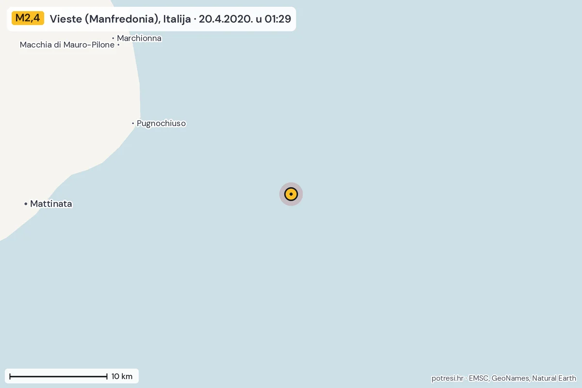Karta: okolica epicentra, 60 km, potres M2,4, Vieste (Manfredonia), Italija, 20.4.2020.