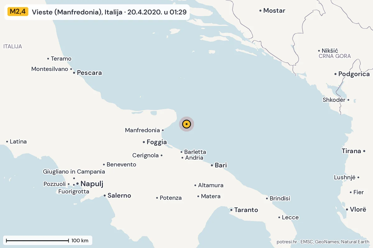 Karta: šire područje, 600 km, potres M2,4, Vieste (Manfredonia), Italija, 20.4.2020.
