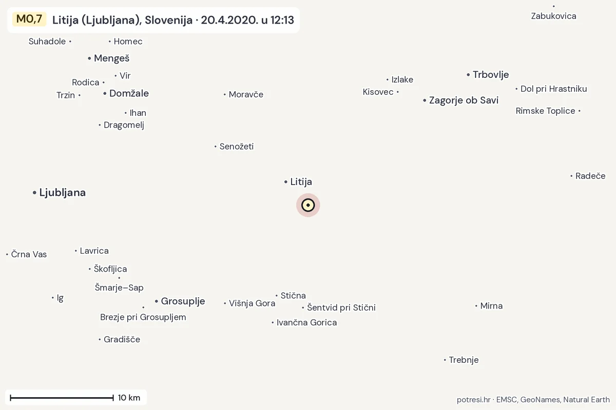 Karta: okolica epicentra, 60 km, potres M0,7, Litija (Ljubljana), Slovenija, 20.4.2020.