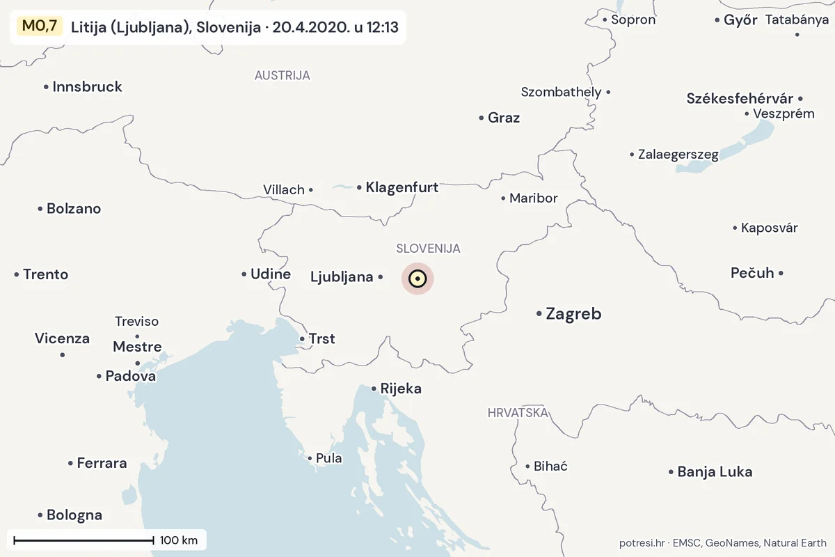 Karta: šire područje, 600 km, potres M0,7, Litija (Ljubljana), Slovenija, 20.4.2020.