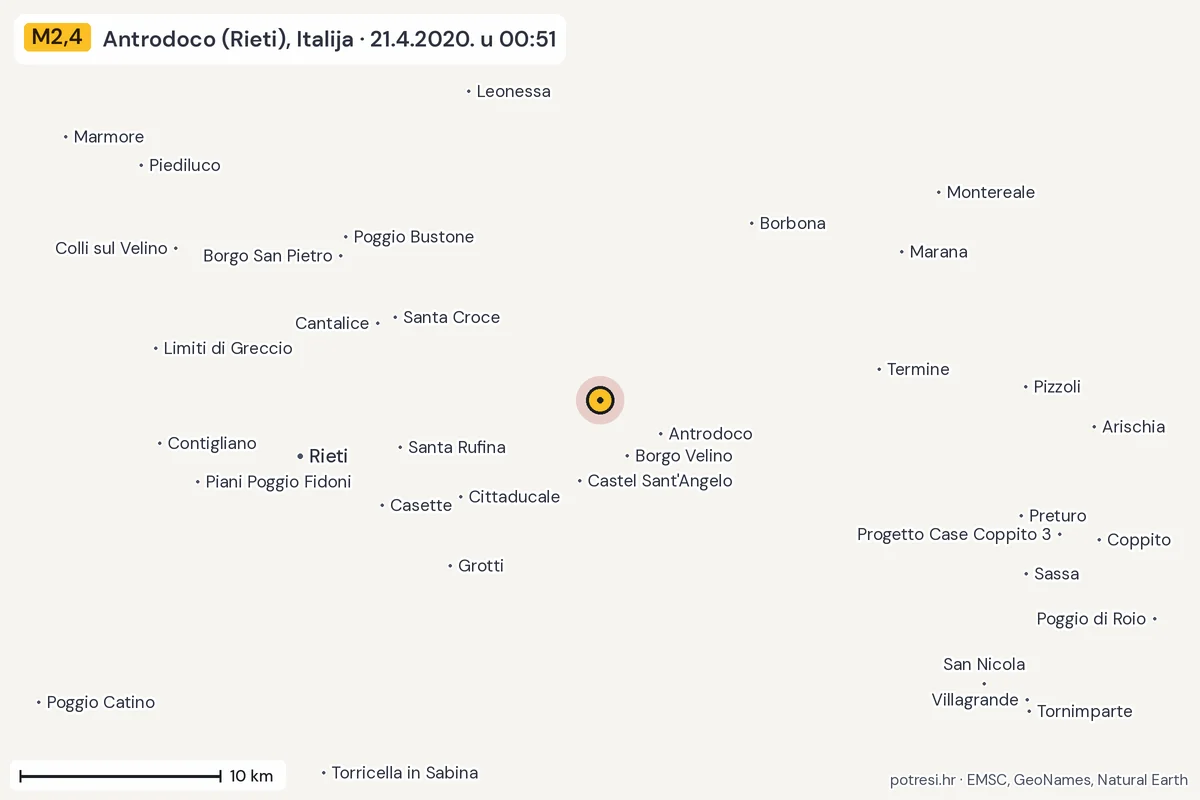 Karta: okolica epicentra, 60 km, potres M2,4, Antrodoco (Rieti), Italija, 21.4.2020.