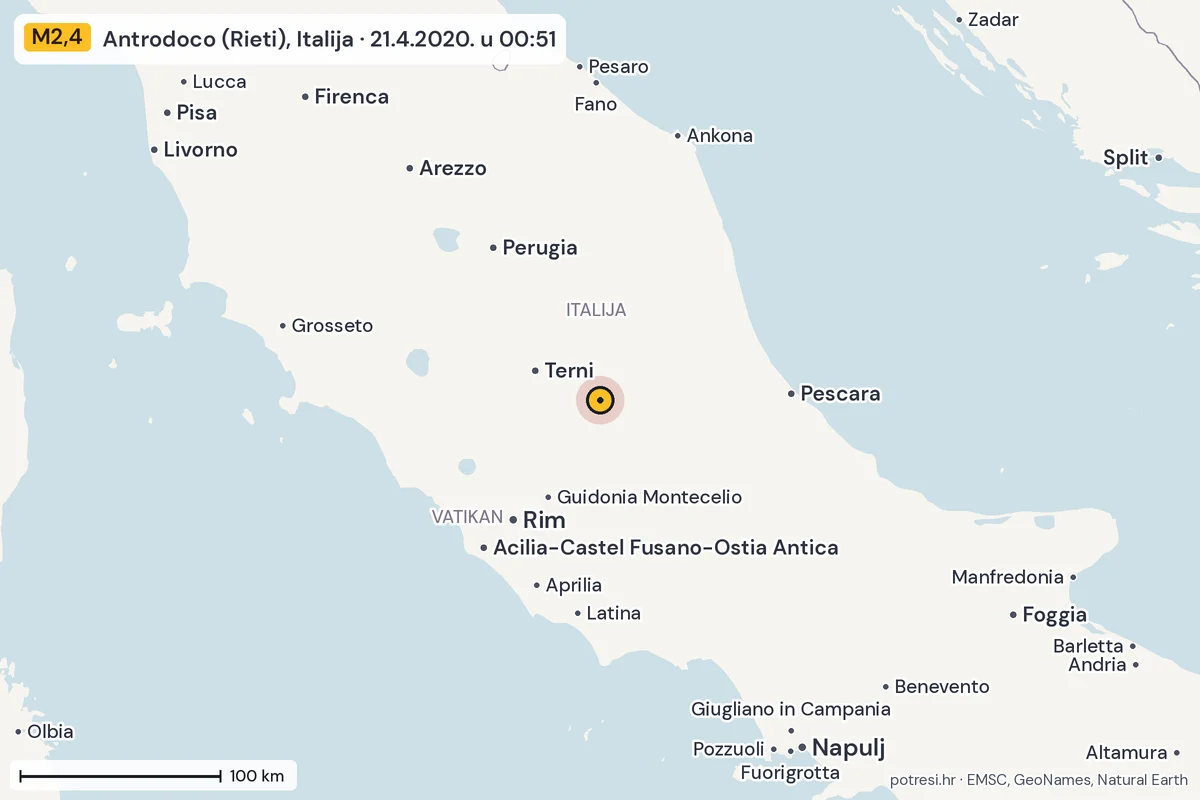 Karta: šire područje, 600 km, potres M2,4, Antrodoco (Rieti), Italija, 21.4.2020.