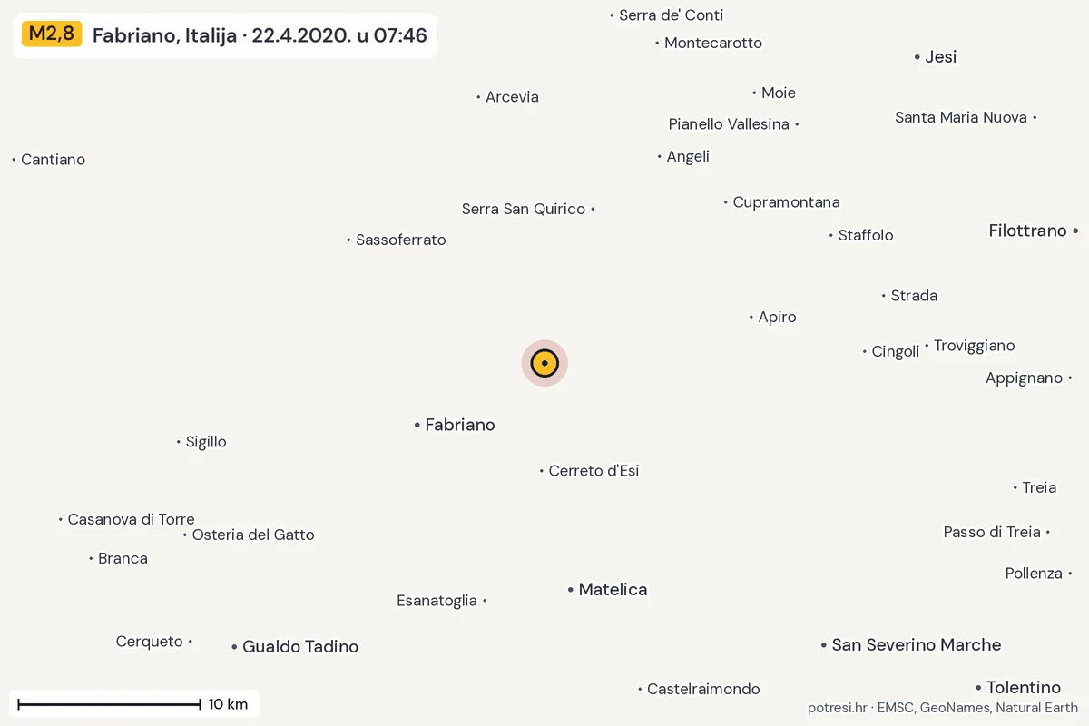 Karta: okolica epicentra, 60 km, potres M2,8, Fabriano, Italija, 22.4.2020.
