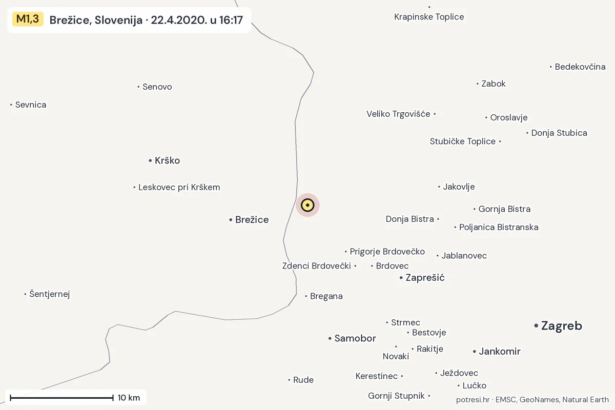 Karta: okolica epicentra, 60 km, potres M1,3, Brežice, Slovenija, 22.4.2020.