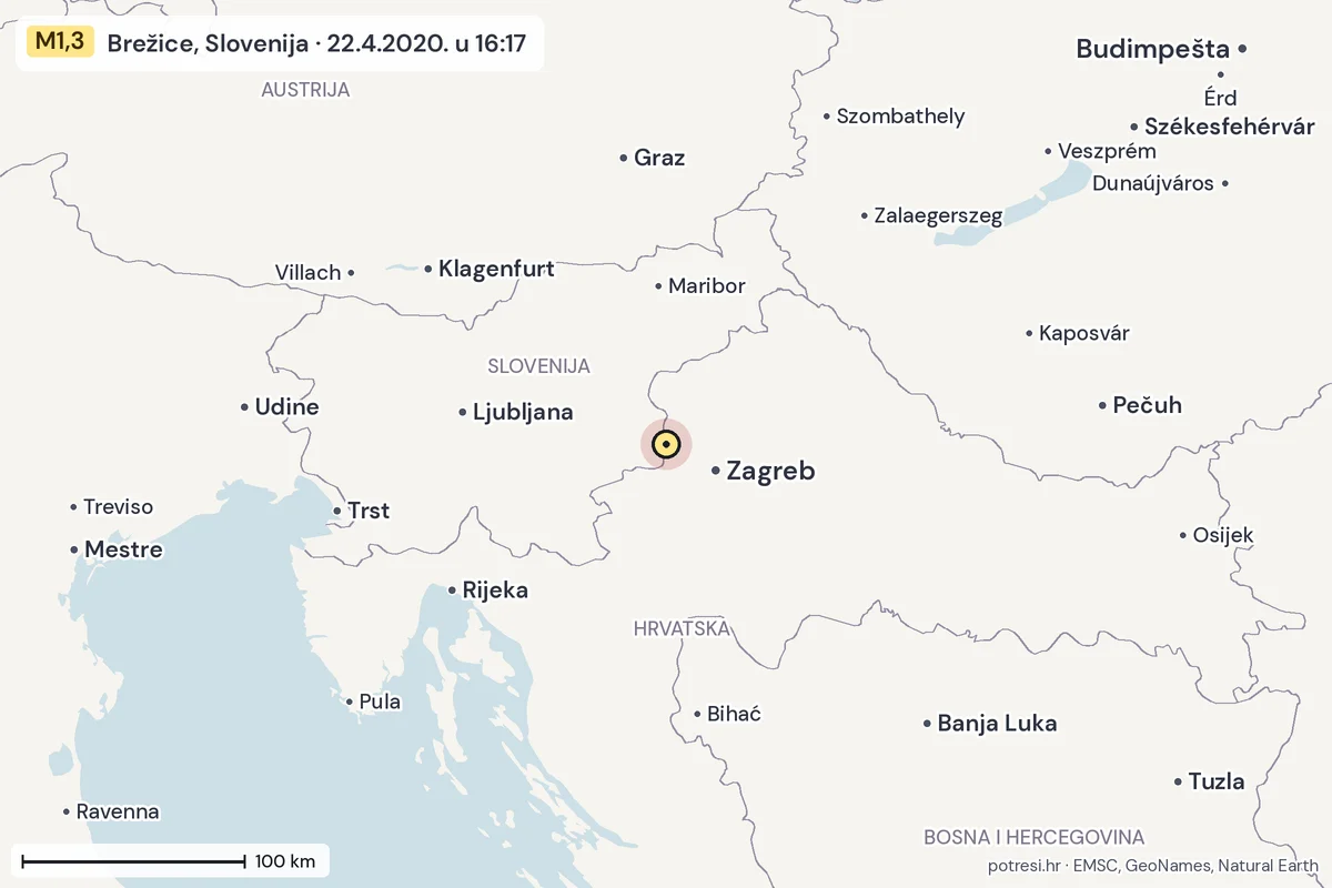 Karta: šire područje, 600 km, potres M1,3, Brežice, Slovenija, 22.4.2020.