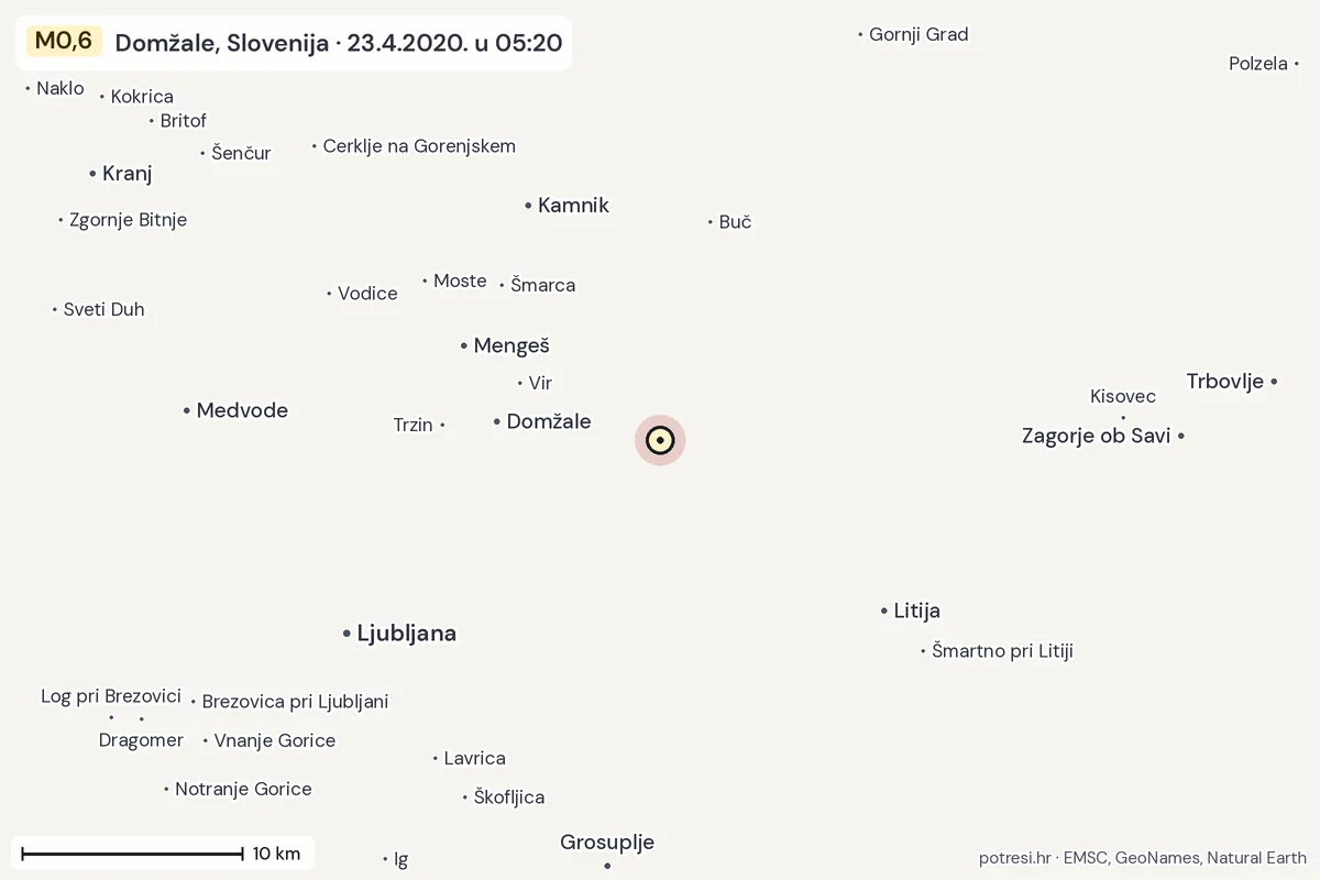 Karta: okolica epicentra, 60 km, potres M0,6, Domžale, Slovenija, 23.4.2020.