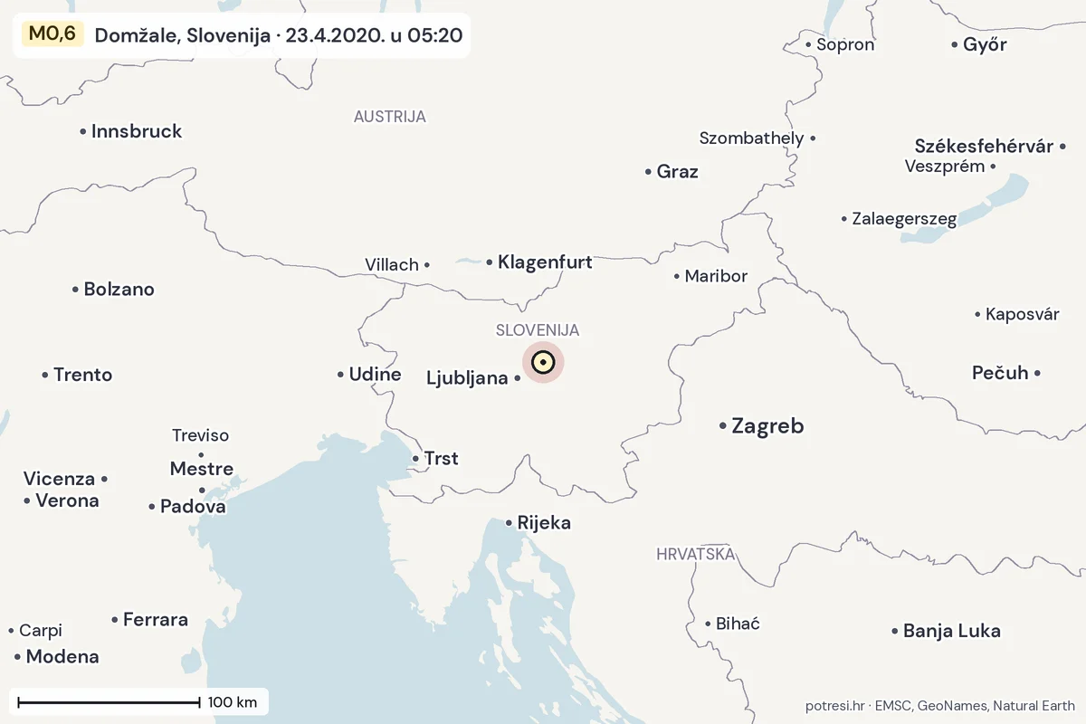 Karta: šire područje, 600 km, potres M0,6, Domžale, Slovenija, 23.4.2020.