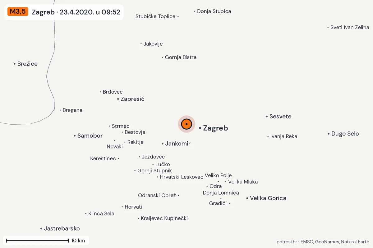 Karta: okolica epicentra, 60 km, potres M3,5, Zagreb, 23.4.2020.