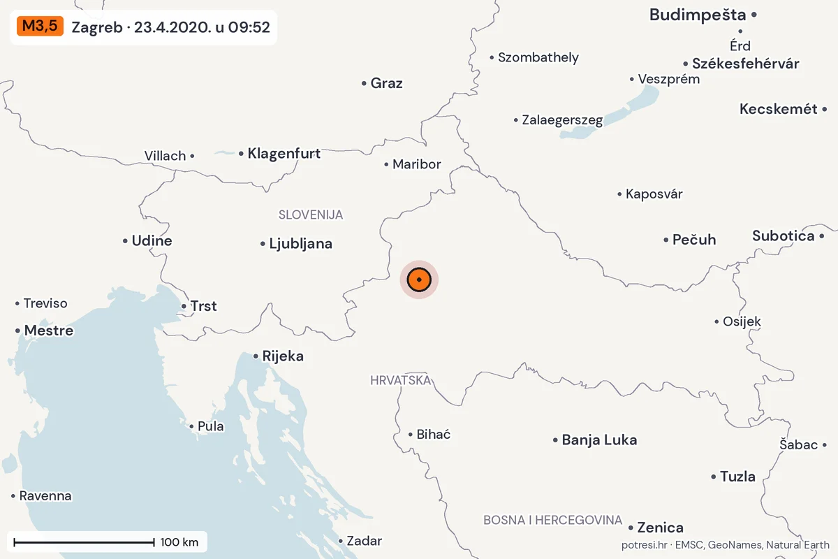 Karta: šire područje, 600 km, potres M3,5, Zagreb, 23.4.2020.