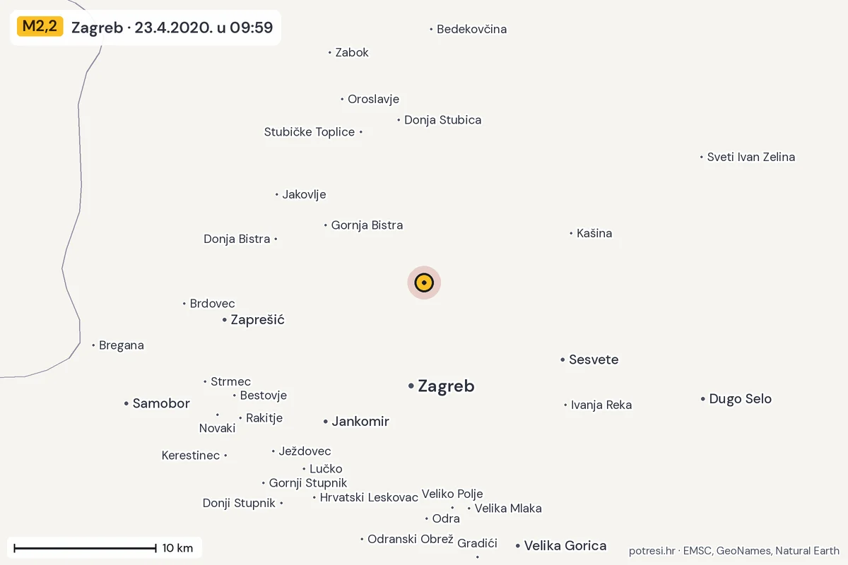 Karta: okolica epicentra, 60 km, potres M2,2, Zagreb, 23.4.2020.