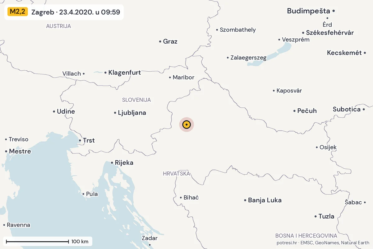 Karta: šire područje, 600 km, potres M2,2, Zagreb, 23.4.2020.