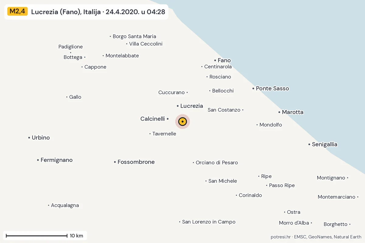 Karta: okolica epicentra, 60 km, potres M2,4, Lucrezia (Fano), Italija, 24.4.2020.