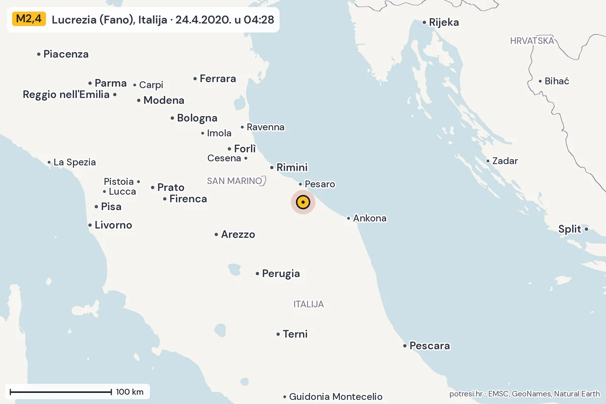Karta: šire područje, 600 km, potres M2,4, Lucrezia (Fano), Italija, 24.4.2020.