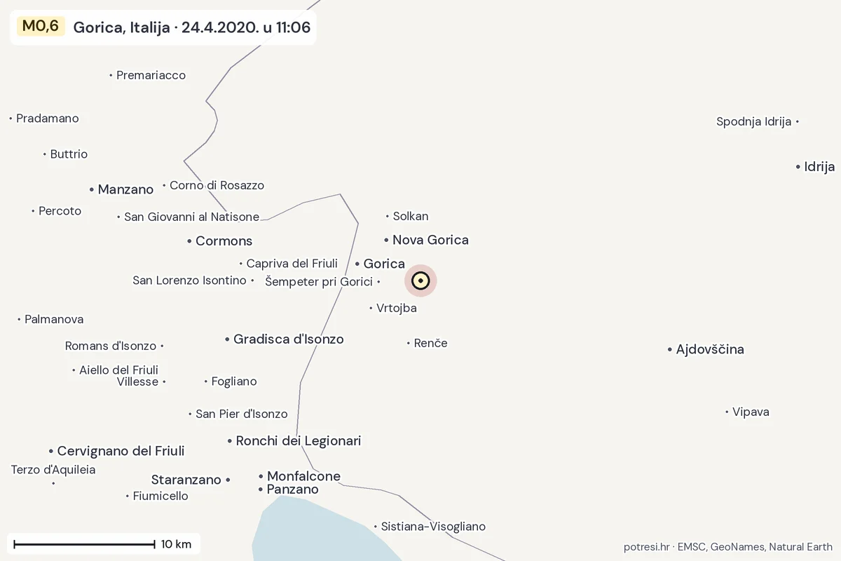 Karta: okolica epicentra, 60 km, potres M0,6, Gorica, Italija, 24.4.2020.
