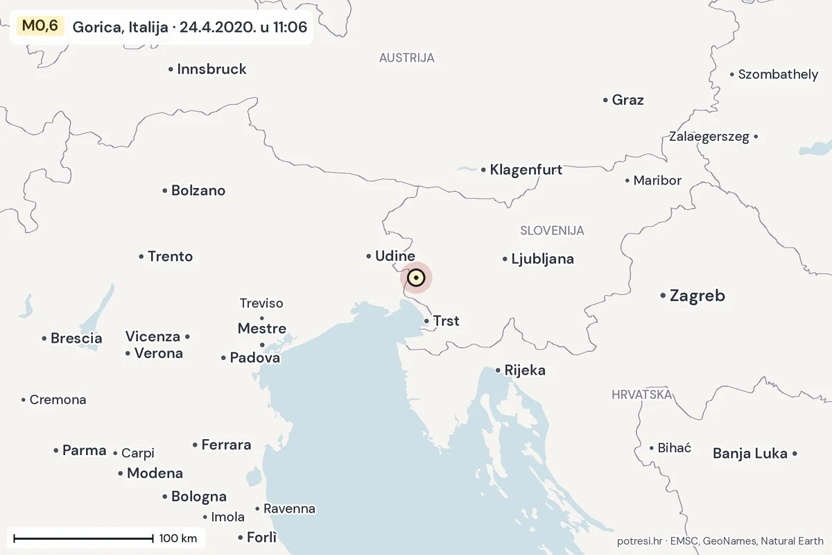Karta: šire područje, 600 km, potres M0,6, Gorica, Italija, 24.4.2020.