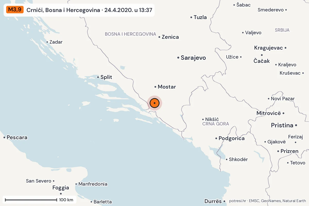 Karta: šire područje, 600 km, potres M3,9, Crnići, Bosna i Hercegovina, 24.4.2020.
