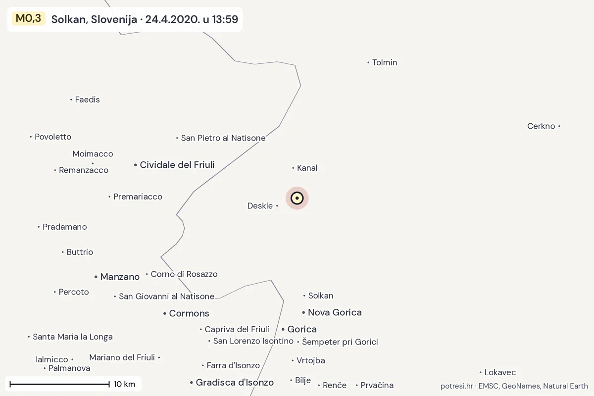 Karta: okolica epicentra, 60 km, potres M0,3, Solkan, Slovenija, 24.4.2020.