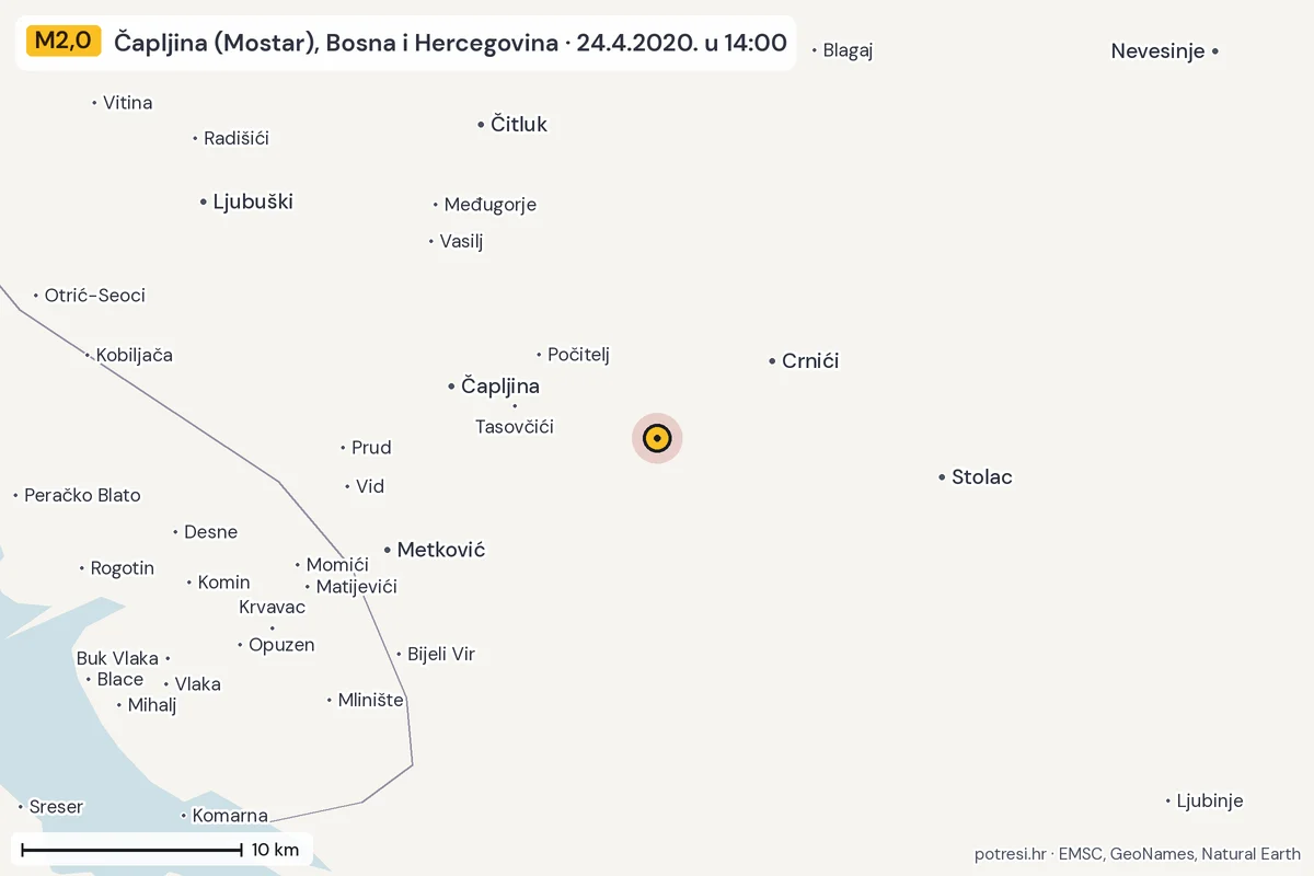Karta: okolica epicentra, 60 km, potres M2,0, Čapljina (Mostar), Bosna i Hercegovina, 24.4.2020.