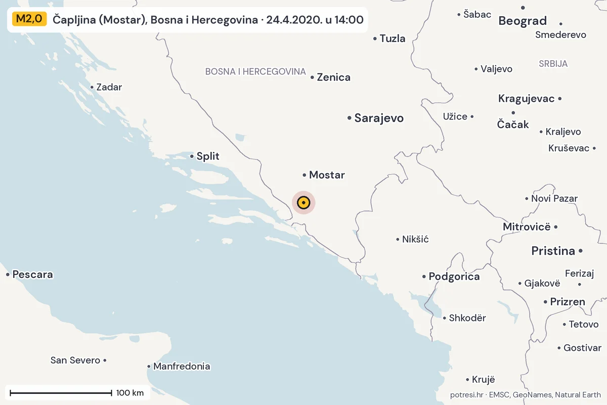 Karta: šire područje, 600 km, potres M2,0, Čapljina (Mostar), Bosna i Hercegovina, 24.4.2020.