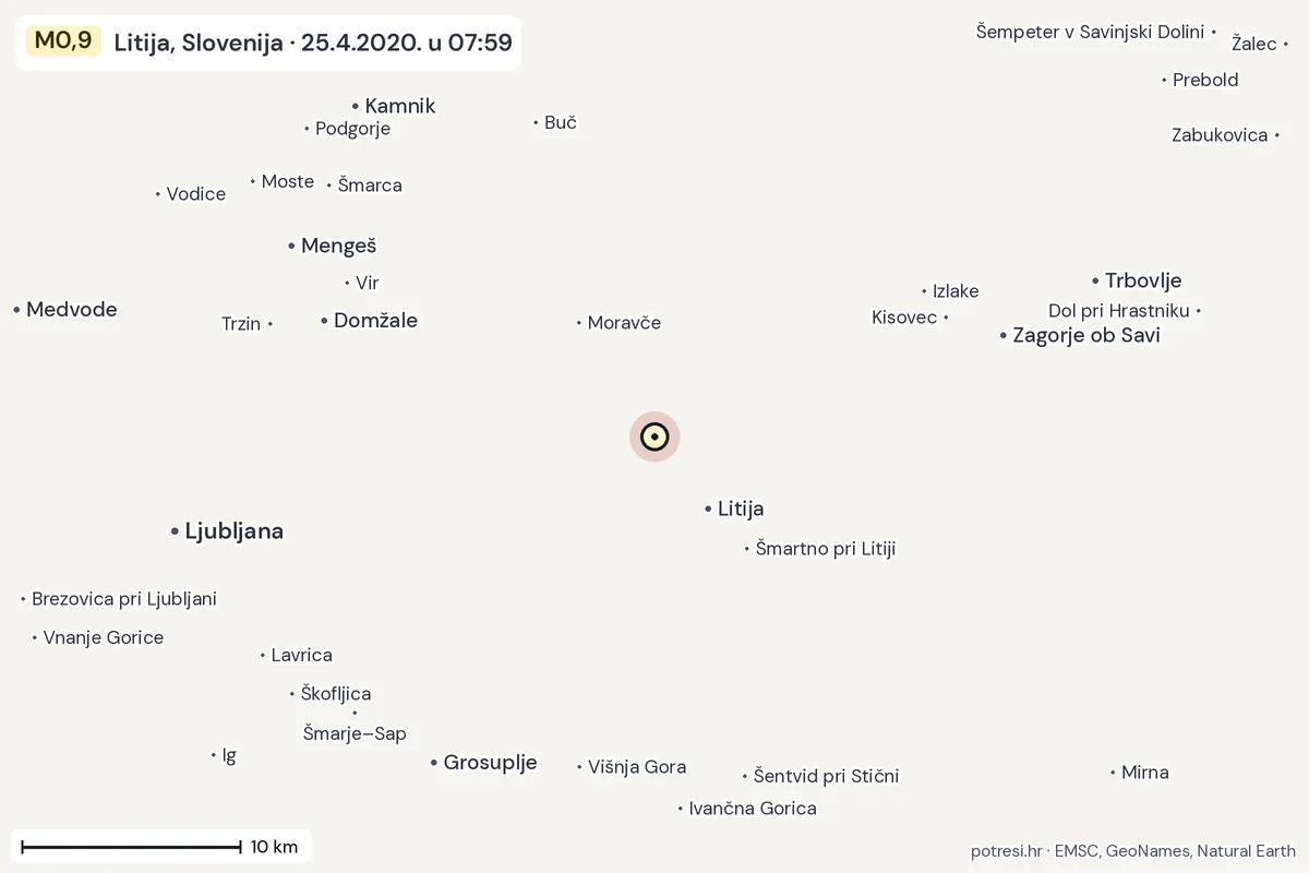 Karta: okolica epicentra, 60 km, potres M0,9, Litija, Slovenija, 25.4.2020.