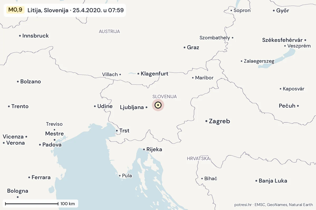 Karta: šire područje, 600 km, potres M0,9, Litija, Slovenija, 25.4.2020.