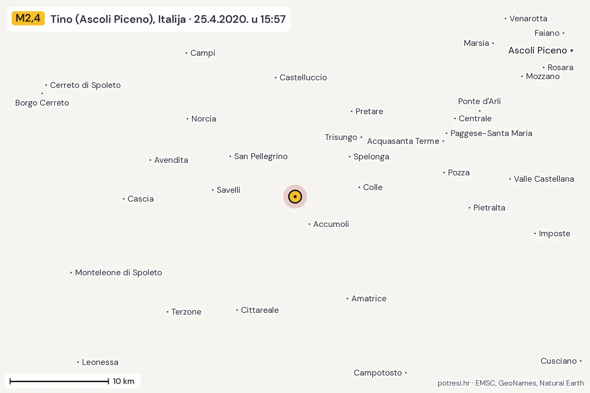 Karta: okolica epicentra, 60 km, potres M2,4, Tino (Ascoli Piceno), Italija, 25.4.2020.