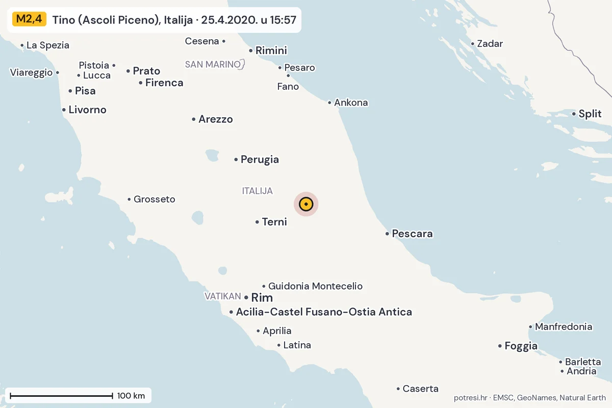 Karta: šire područje, 600 km, potres M2,4, Tino (Ascoli Piceno), Italija, 25.4.2020.